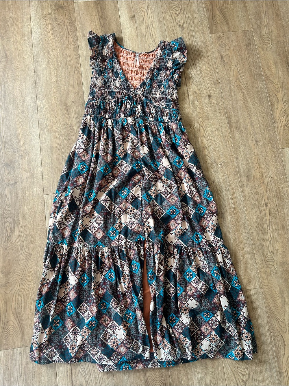 Anthropologie Patchwork Maxi Dress in Teal, Brown, Cream